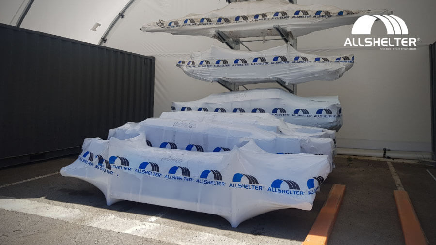 Packed shelters ready to be dispatched to site.