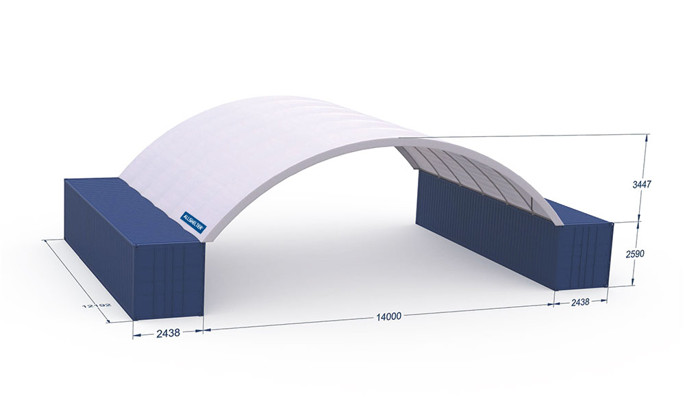 14m wide x 12m long Container Shelter Dome - Inside Mounted