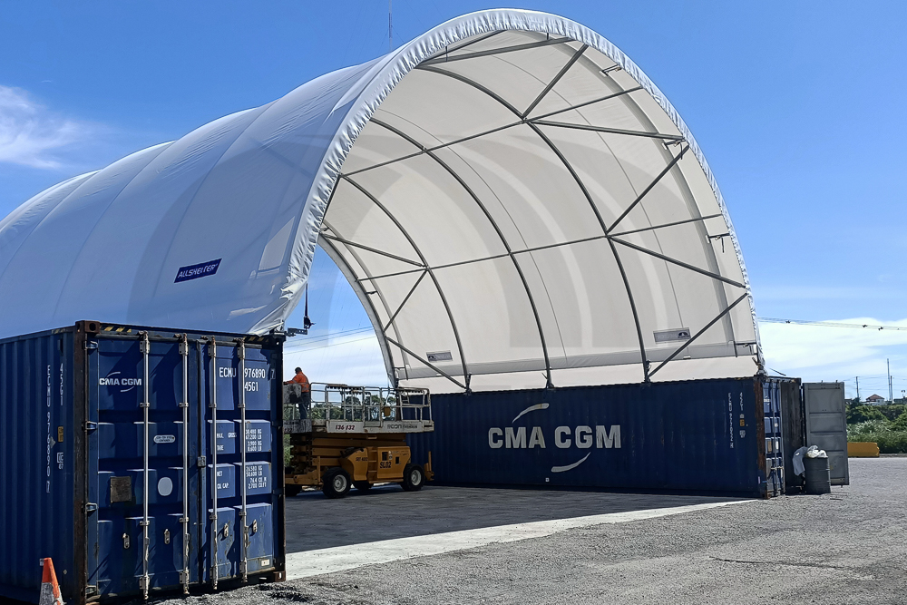 Image of a container shelter, showing the relationship of the frame and fabric.