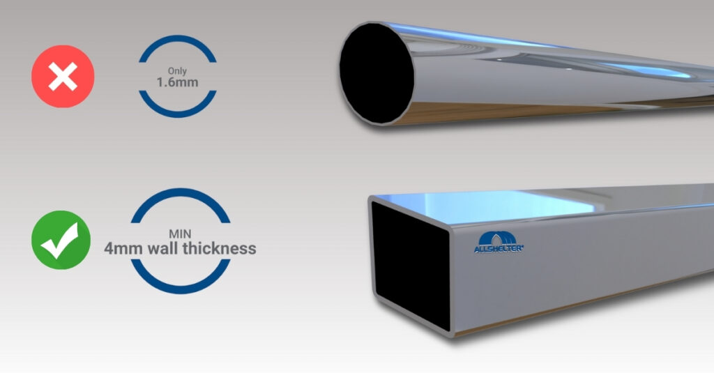 Image showing comparison of steel used in cheap fabric shelters, vs a steel used in an Allshelter structure