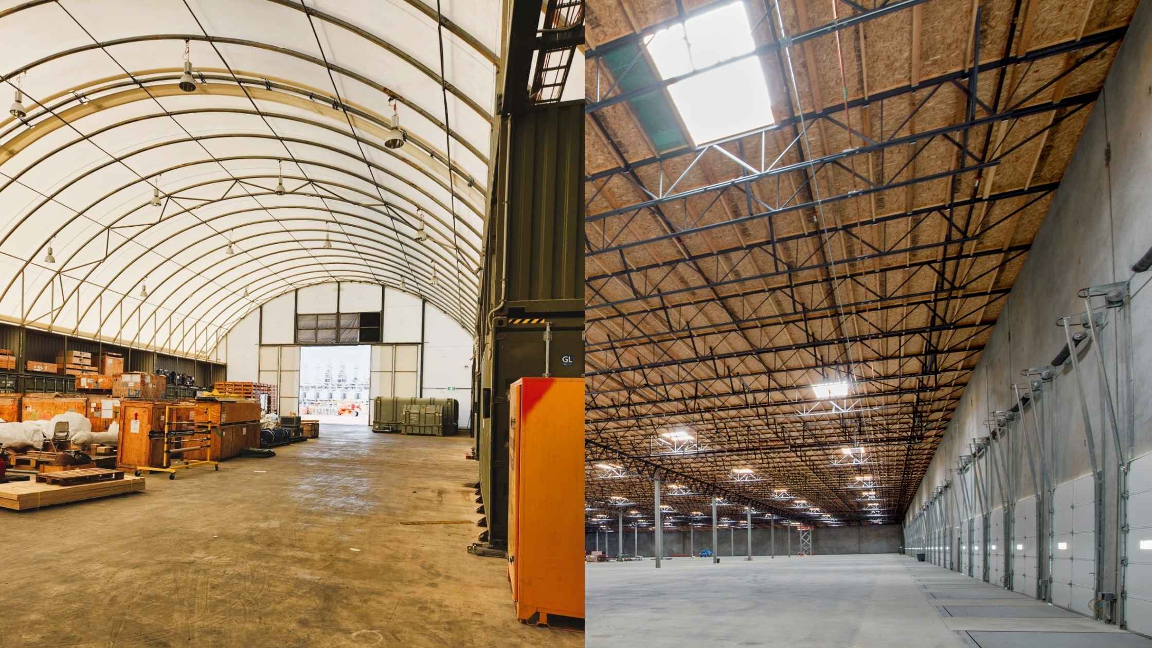 Side-by-side comparison of a fabric shed with a curved roof and a traditional warehouse with a metal structure.