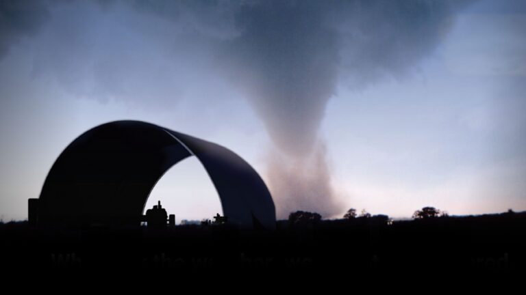 Silhouette of an Allshelter structure holding firm against the backdrop of an approaching tornado, symbolising strength and durability in extreme weather conditions.