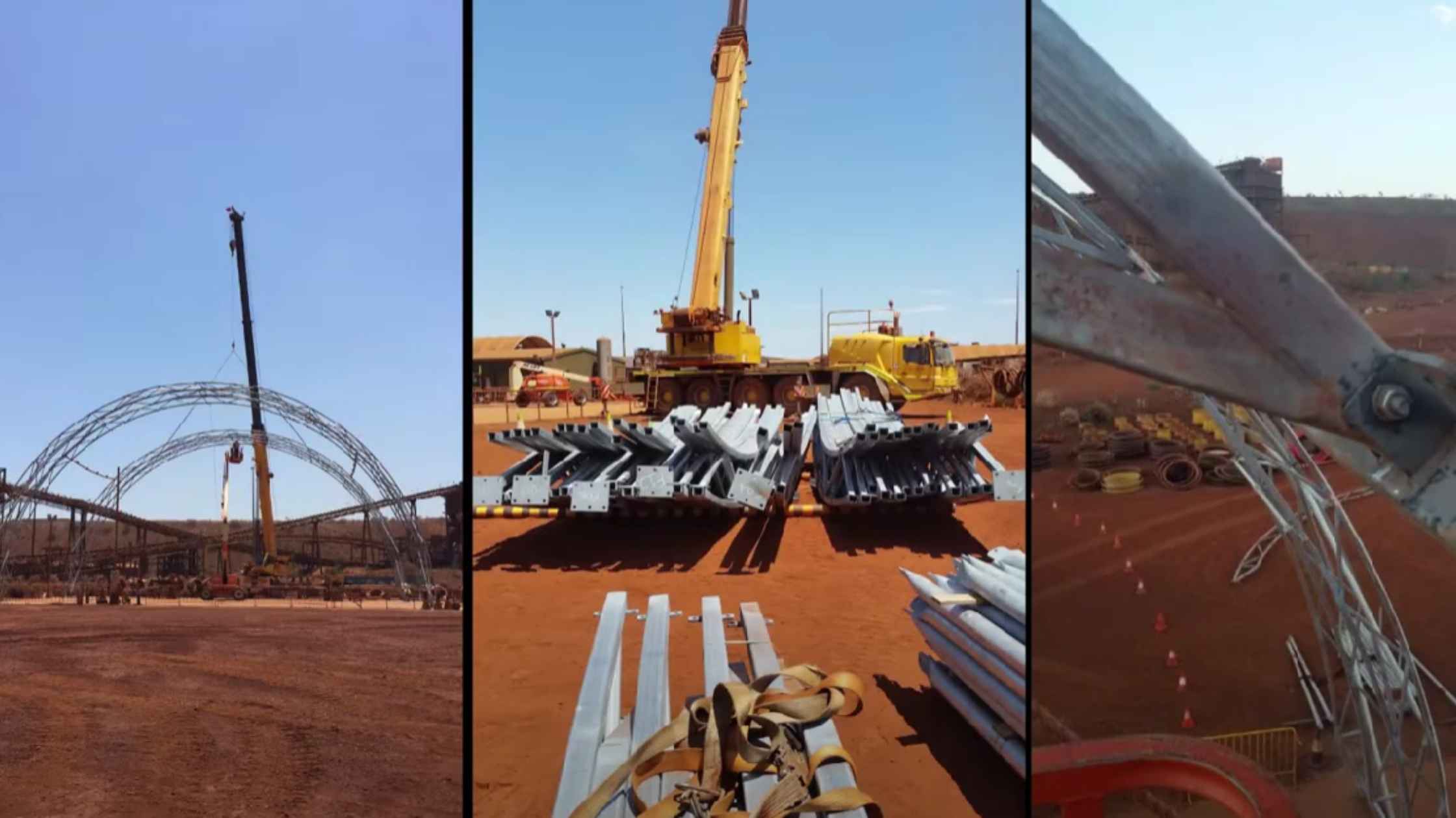 Allshelter solutions steel dome setup with cranes and frame assembly in remote site.