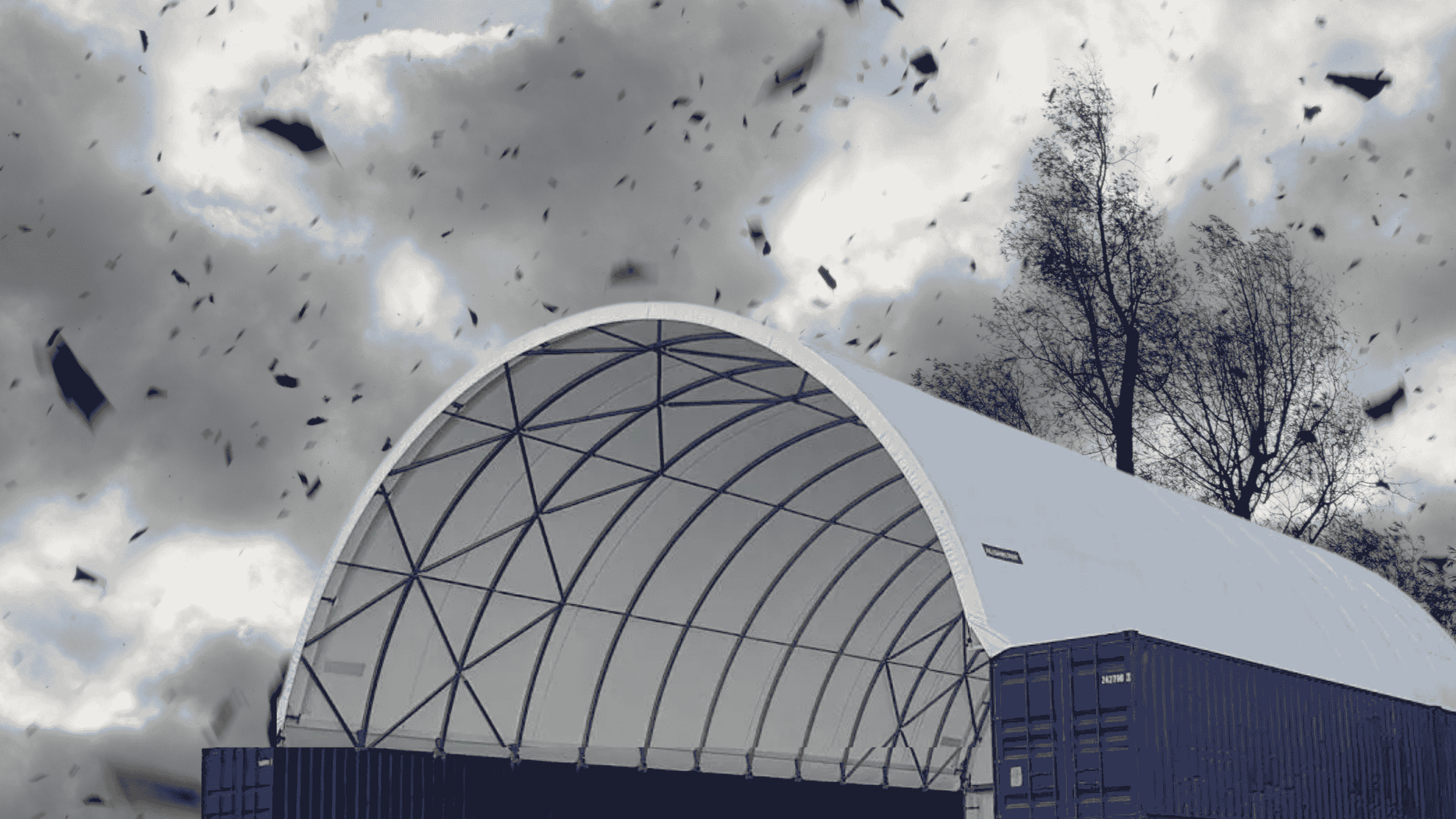 Fabric shelter engineered for N2 wind rating in harsh conditions