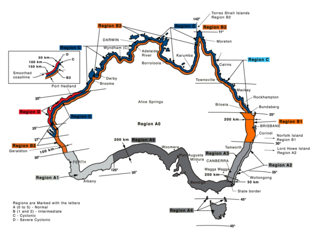 Map of Australian Wind Regions A B C D for According to AS/NZS 1170.22021